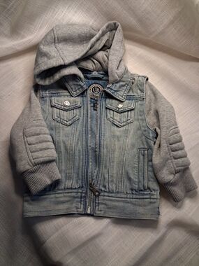 Urban Republic Light Blue Denim Jacket with Gray Hooded Sleeves